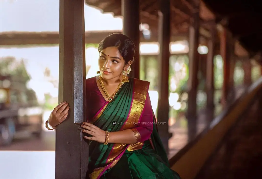 Malayalam Actress Rajisha Vijayan in Green Saree Maroon Blouse